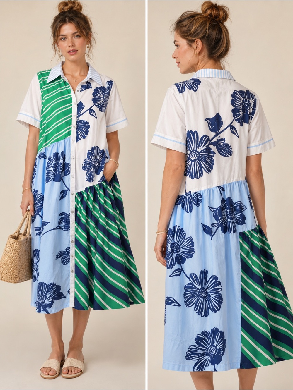 Maeve Blue, Navy & Green Mixed-Print Button-Front Midi Dress